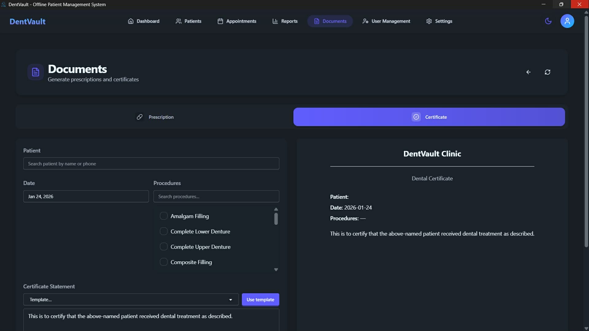 DentVault certificate form